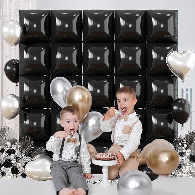 Black Square Foil Balloons Wall, 25PCS Double Sided Metallic Chrome Black Foil Square Balloon Backdrop Tunnel Arch Kit Background Decor for Birthdays Graduation New Year Racing Theme Halloween Wedding