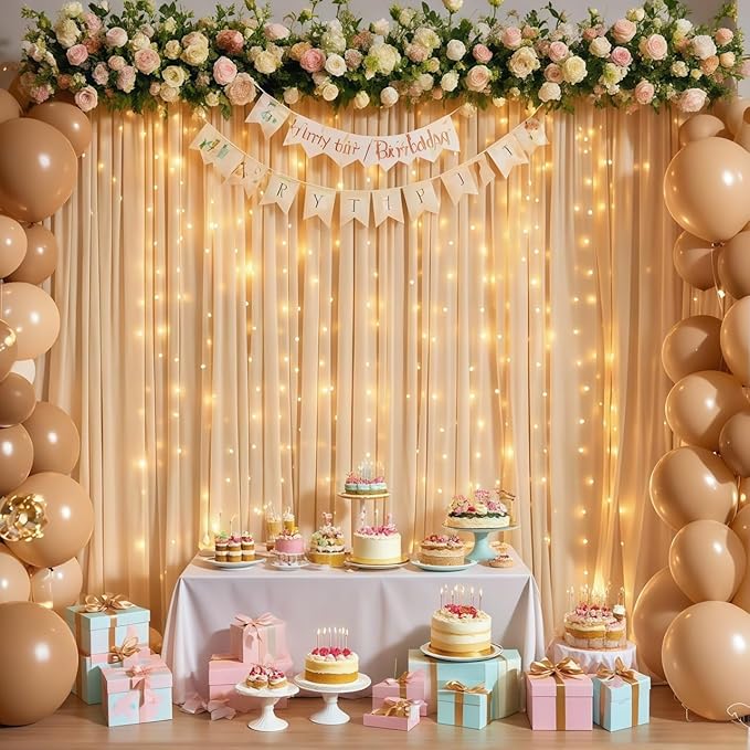 Dark Champagne Backdrop Curtains with Lights for Parties,10x10FT Wrinkle Free Polyester Wedding Photo Backdrop Curtains for Baby Shower Birthday Ceremony Reception Home Party Decorations-5ft x 10ft