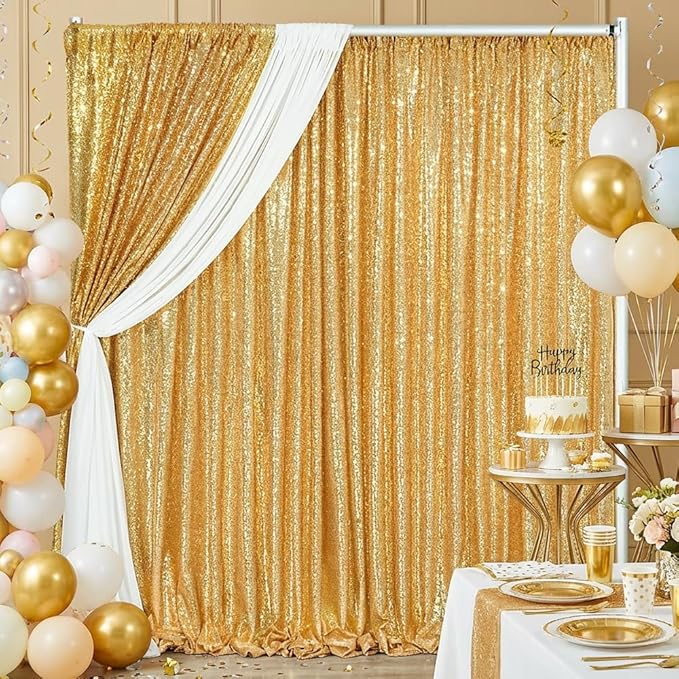 B-COOL Sequin Backdrop Curtains 2 Packs 5ftx8ft Gold Sparkle Backdrop Fabric Glitter Photography Drapes for Party Wedding Birthday Decoration
