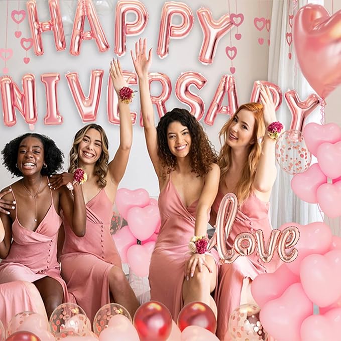 Anniversary Decorations, Happy Anniversary Balloons Banner, Pink Heart Balloons Heart Hanging String Pink Rose Petals for Wedding and Valentines Day Romantic