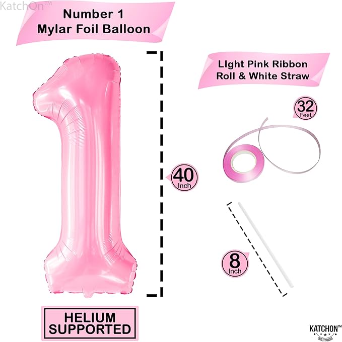 KatchOn, Light Pink 1 Balloon Number - 40 Inch | Number 1 Balloons for 1st Birthday Party | Pink Number Balloons, First Birthday Decorations For Girl | 1 Balloon for Happy Anniversary Decorations