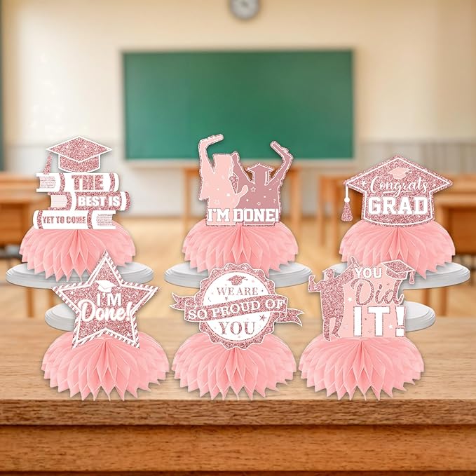12pcs Graduation Table Decorations 2026,Pink Rose Gold Graduation Decorations Graduation Centerpieces for Tables Class of 2026 Centerpieces Honeycomb for 2026 Congrats Grad Table Decor (Pink)