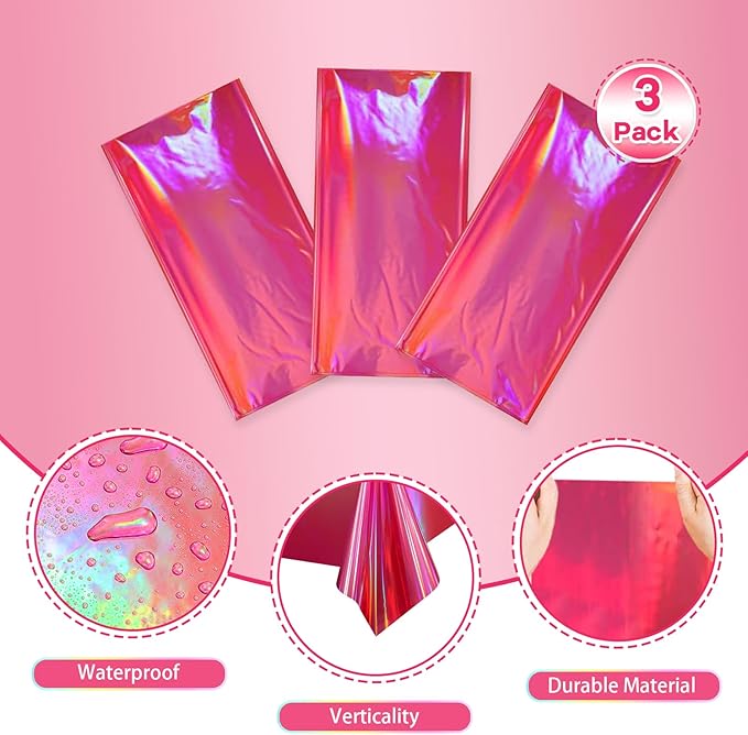 3-Pack Rose Pink Iridescent Tablecloths, Holographic Glittering Foil Disposable Tablecloths, 54 inches x 108 inches, Suitable for Birthday, Wedding, and Holiday Party Decorations