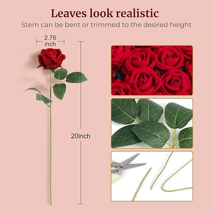 Auihiay 104pcs Red Roses Artificial Flowers - Realistic Faux Red Roses for Wedding, Table Centerpiece, Home Party, Valentine's Day, Mother's Day, Anniversary Decorations