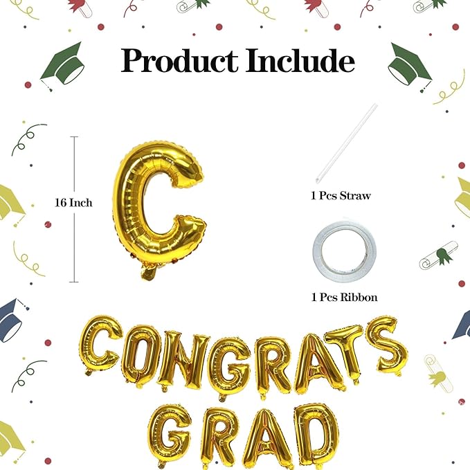 KALOR 16 Inch Gold Congrats Grad Banner Balloons, Gold Congrats Grad Letters Sign, Graduation Decorations 2026 for Graduation Party Decorations 2026