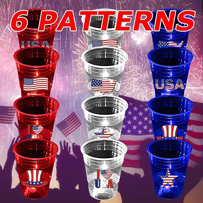 mishunyus 40 Pcs Glow Patriotic Party Decorations, 4th of July Party Cups Pack, USA Citizenship Party Supplies for Memorial Day, Independence Day, Veterans Day(16 oz)