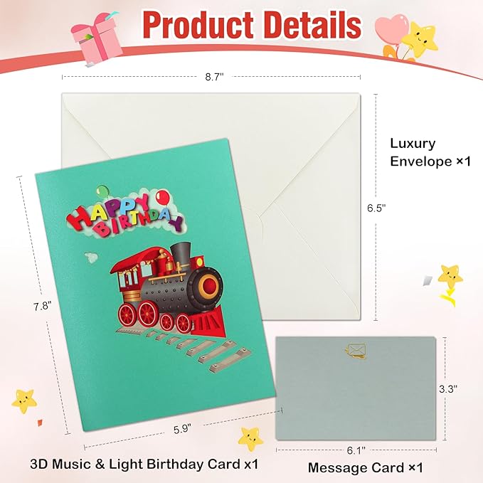 FaCraft Train Musical Birthday Cards for Kids - Music and Light, 3D Pop Up Happy Birthday Cards with Envelope Blank Insert for Boys Women Men Girls