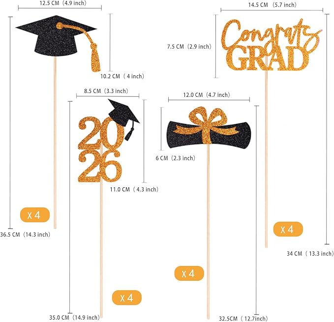 Gexolenu 16 PCS Orange and Black Double-Sided 2026 Graduation Centerpieces for Tables, 2026 Table Toppers Party Centerpiece Sticks Party Supplies, Graduation Party Decorations Class of 2026, Set of 4