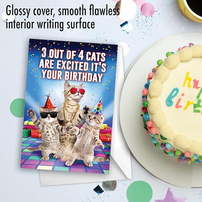 NobleWorks - 1 Happy Birthday Card with Funny Animals - Wildlife and Pet Humor, Fun Birthday Celebration Notecard - Excited Cats C3525BDG