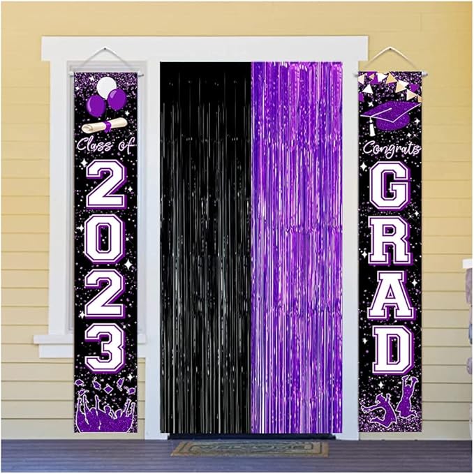 Graduation Decorations 2026 Purple Black Foil Fringe Backdrops, Black Purple Party Decorations Streamer Tinsel Curtains for Graduation Birthday Halloween Party(3 Pack)