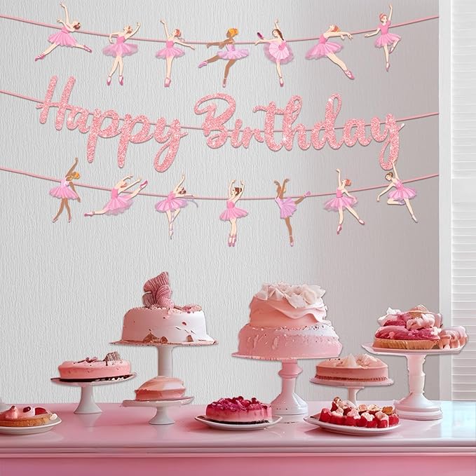 25Pcs Ballerina Birthday Party Decorations Pink Ballet Girls Happy Birthday Banners Pink White Latex Balloons Star and Heart Foil Balloons Baby Shower Party Supplie