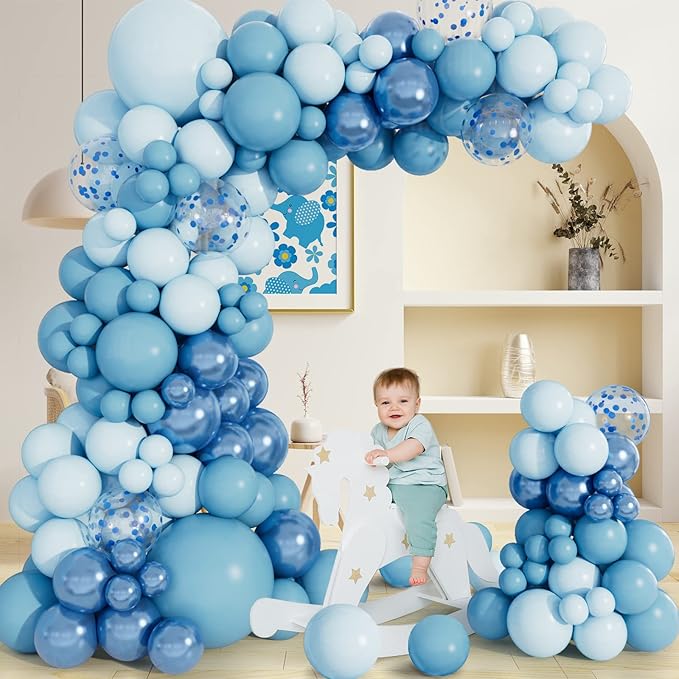 Baby Blue Balloon Arch Garland Kit, Metallic Macaron Pastel Light Blue Confetti Balloons, Different Sizes Balloons for Baby Shower, Birthday, Wedding, Ocean Themed Party Decoration