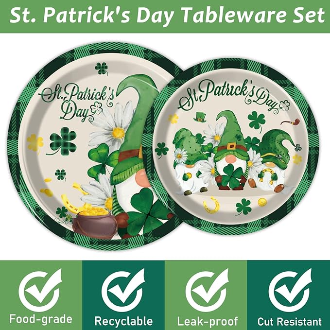 Wiooffen 96 Pcs St. Patrick’s Day Plates and Napkins Green Shamrock Gnome Lucky Tableware Set Irish Festival Party Supplies Table Decorations for 24 Guests