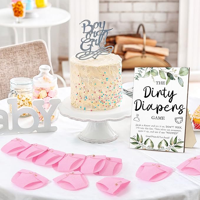 Roowest 51 Pcs Dirty Diaper Baby Shower Games Funny Wooden Sign with 50 Pcs Mini Diapers Cute Felt for Gender Reveal Party Baby Shower(Greenery Pink)
