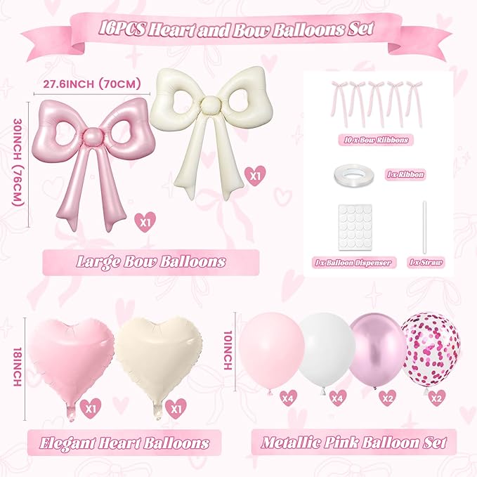 Pink and Cream Heart Balloons, 38 Inch Bow Balloons, White Metallic Pink Confetti Balloon with Bow Ribbons for Girls Women Birthday Wedding Bridal Baby Shower Valentines Day Decorations