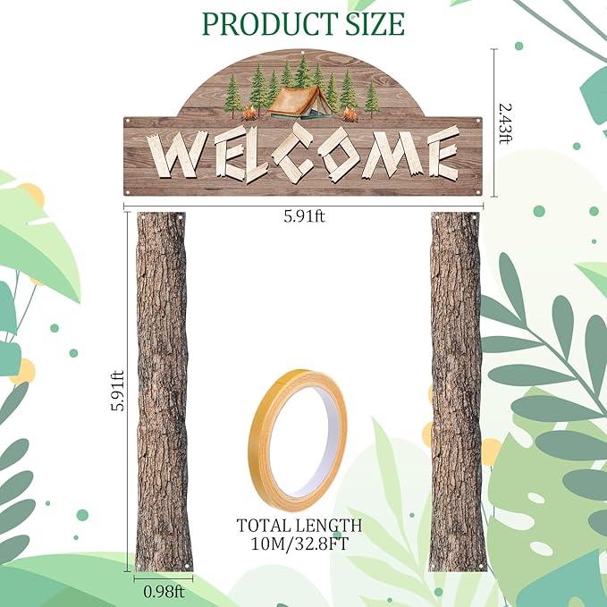 Peryiter 3 Pcs Camping Themed Party Decorations Banner Welcome Porch Sign with 1 Double Sided Tape for Summer Camp Birthday Hawaii Baby Shower Themed Party Activity Decor door (Forest Style)