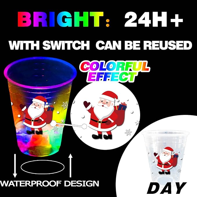 mishunyus 24 Pcs Christmas Party Cups, Glow Christmas Theme Cups, for Holiday Party Supplies, for Nighttime Fun, BBQ, Holiday Decor, with 8 pattern