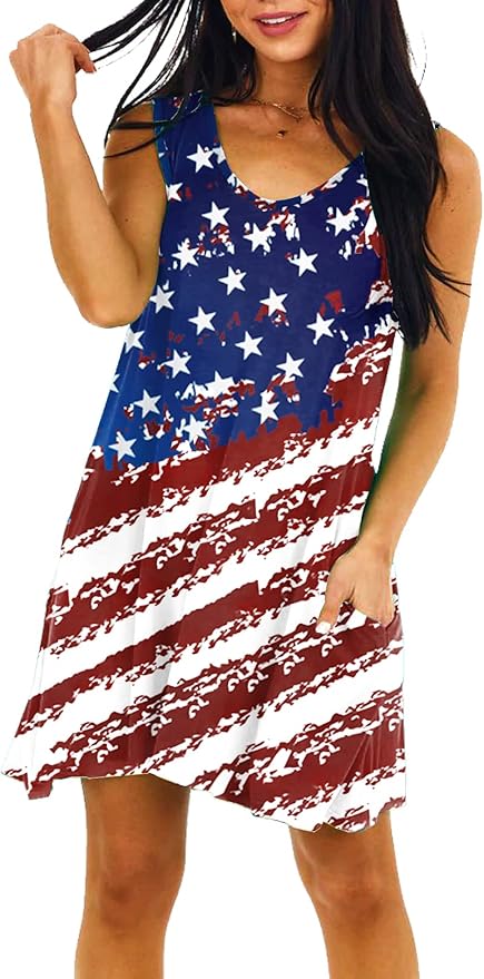 Deerose Women 4th of July Sleeeveless Dress Patriotic V Neck Tank Dresses with Pockets
