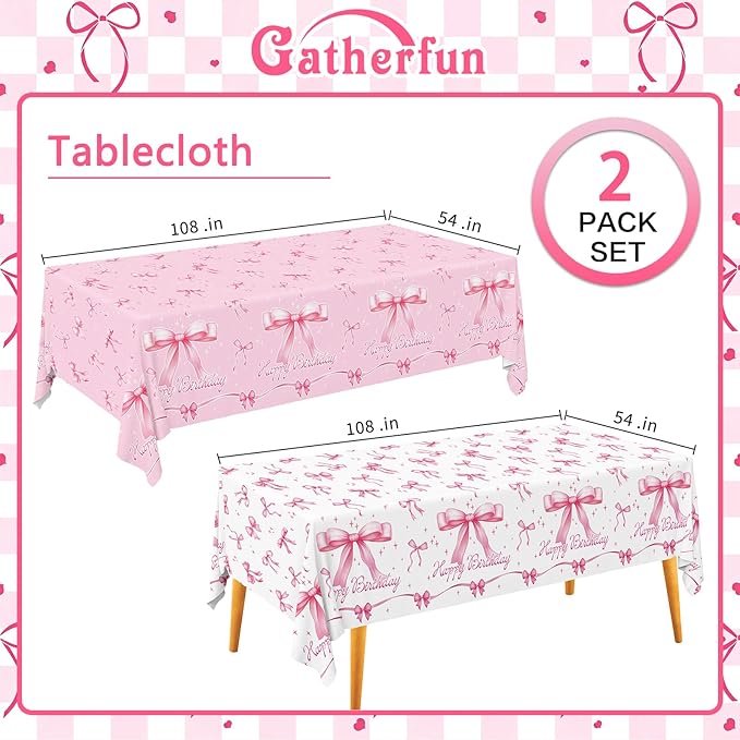 Gatherfun Pink Bow-Themed Party Supplies Set for Women: Happy Birthday & Bachelorette Decorations Combo - Includes 2 Disposable Tablecloths (54 x 108 inch) for Birthday & Tea Party Decorations
