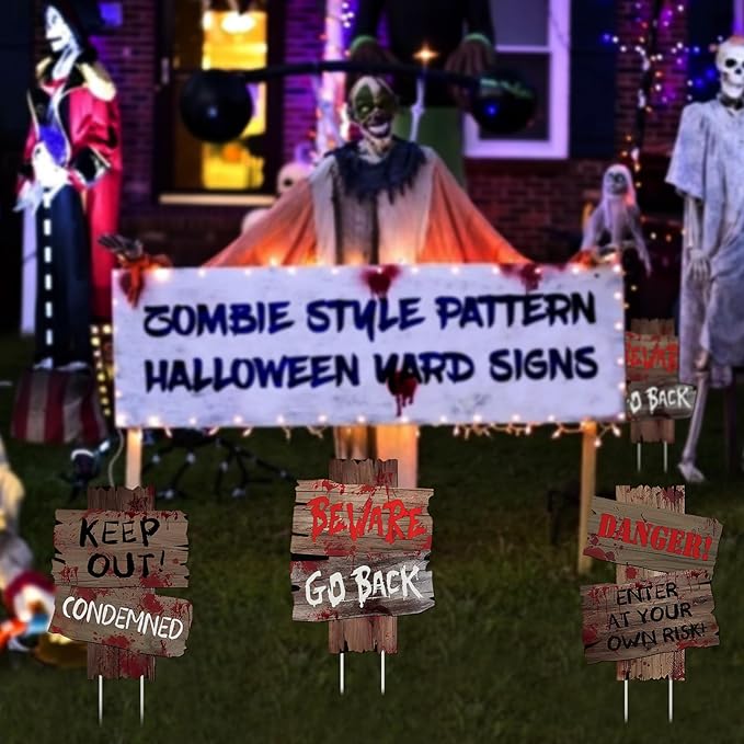 3 PCS Beware Signs Yard Stakes Halloween Outdoor Decorations Warning Sign, Halloween Yard Signs, Scary Lawn Decor Zombie Theme Party Supplies