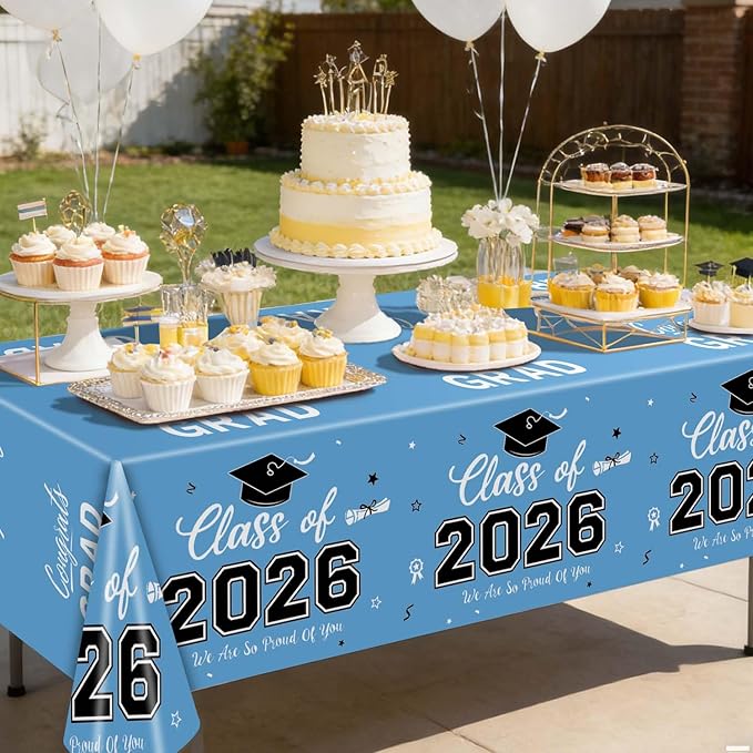 Oigco 2026 Graduation Decorations, 2 Pack Sky Blue Graduation Tablecloths Class of 2026, Congrats Grad Plastic Tablecloths for Graduation Party Decorations, 54 x 108 Inch