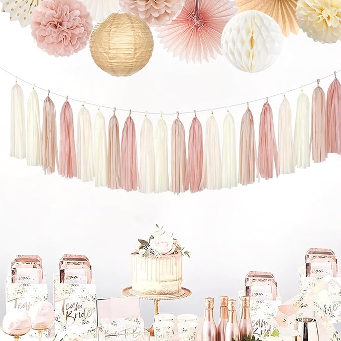 Champagne-Gold Beige Boho Party-Decorations Tassel-Garland - 20pc Fall Baby Shower Birthday Wedding Bridal Tassel,Autumn Engagement Bachelorette Banner Streamers,Neutral Rustic Backdrop Decor Panduola