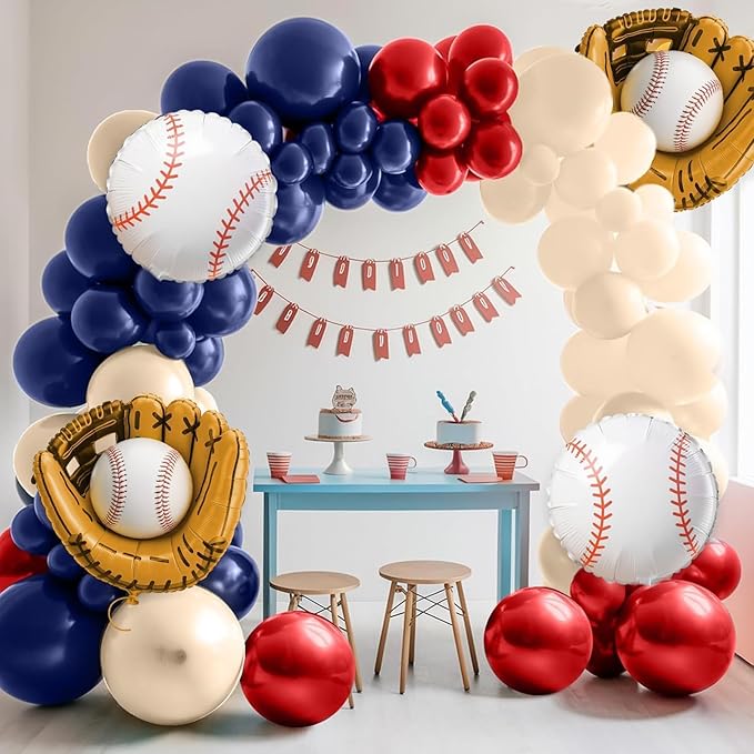 Baseball Birthday Party Decorations, Navy Blue Red Nude Balloon Arch with Baseball Glove Foil Balloons for Boys Girls Summer Birthdays Party Baseball Themed Party Decorations
