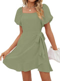 Sampeel Womens Summer Dresses Square Neck Puff Sleeve Tie Waist Short Dress