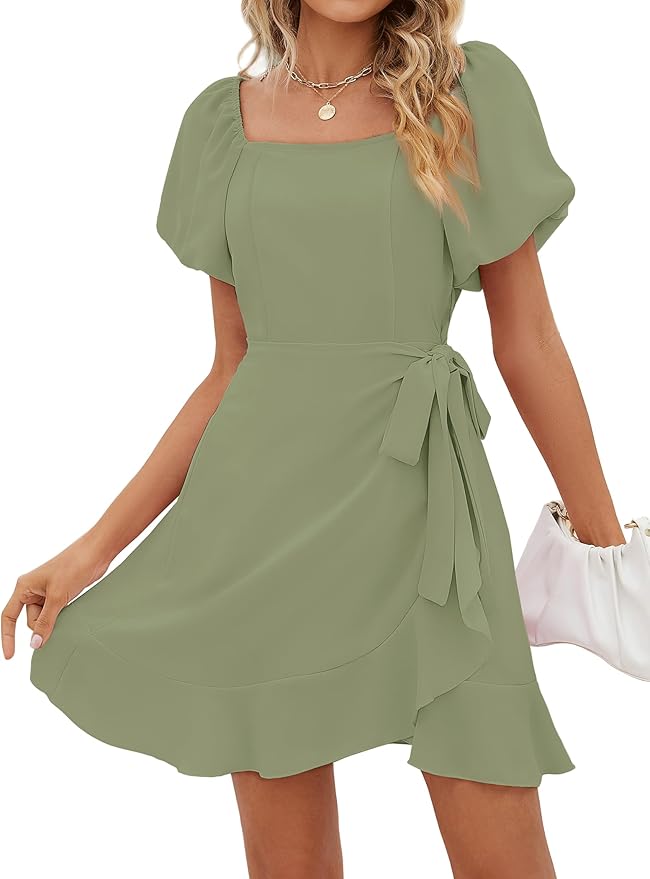 Sampeel Womens Summer Dresses Square Neck Puff Sleeve Tie Waist Short Dress