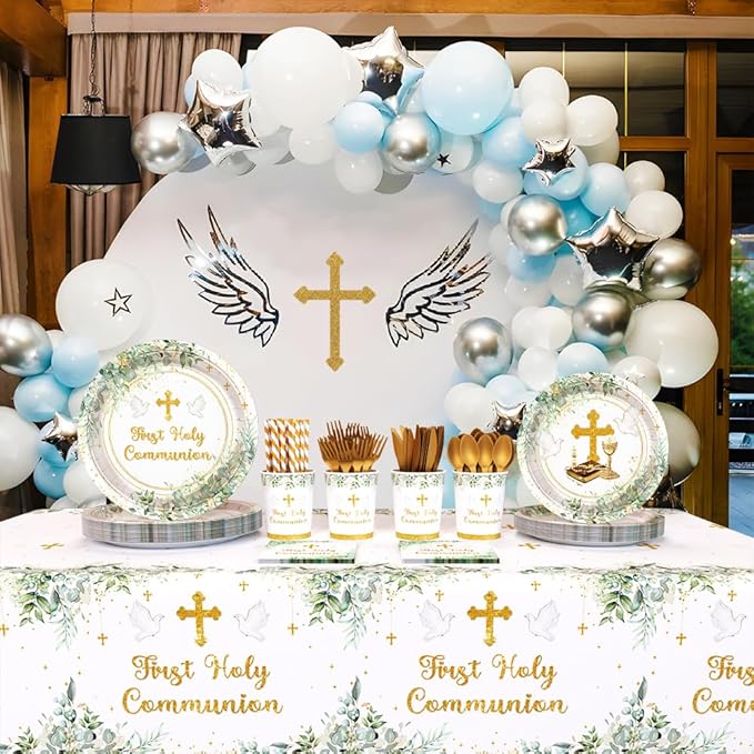 194 Pcs Greenery First Holy Communion Baptism Party Decorations Supplies Mi Primera Comunion Party Decorations God Bless Disposable Tableware Set with Plates Napkins and Tablecloth Serves 24