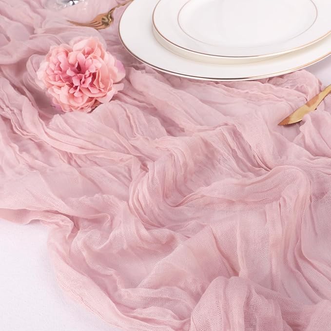 Pink Cheesecloth Table Runner, 10FT Dusty Pink Boho Gauze Table Runner for Spring Easter Mother's Day Baby Shower Bridal Shower Wedding Tea Party Table Centerpiece Decorations