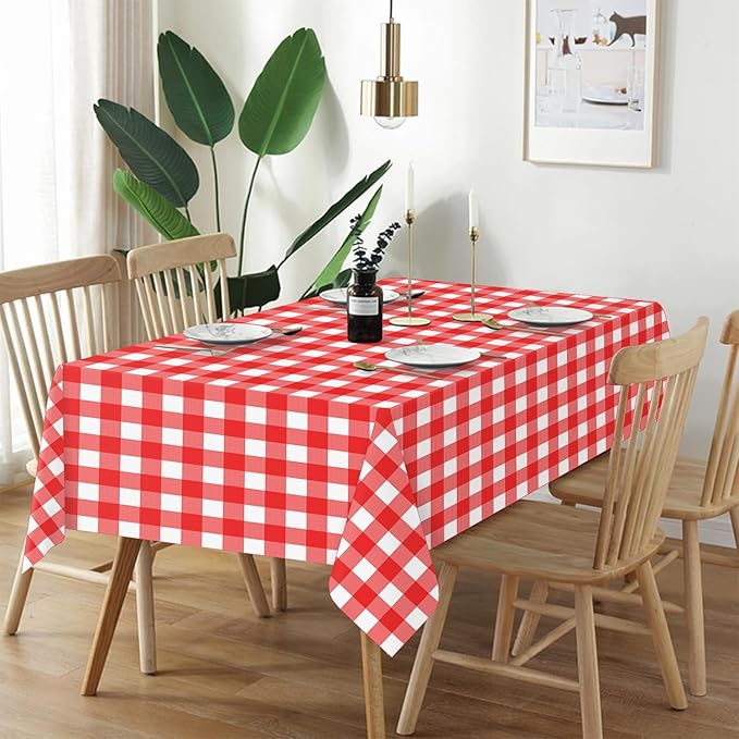 QIKSION Red Gingham Tablecloth Disposable 6 Pack, 54 x 108 Inch Red and White Checkered Table Cloth for Picnic, Outdoor BBQ Decorations, Birthday Party Supplies, Rectangle, Plastic Table Cover