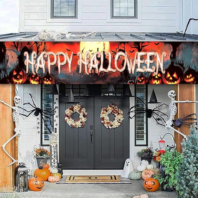 Happy Halloween Banner Large 120 x20 Inch Yard Sign Banner Flag Scary Halloween Party Hanging Decorations for Outdoor Fence Garage Garden Porch Holiday Backdrop Decor