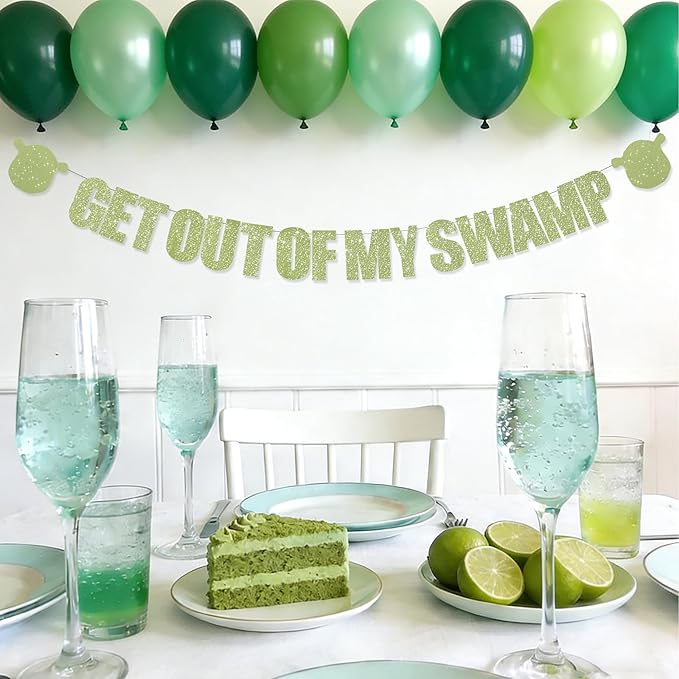 Light Green Glitter Get Out Of My Swamp Banner,NO DIY, Pre-Strung Birthday Party Banner Funny Housewarming Party Decorations Green Birthday Party Supplies