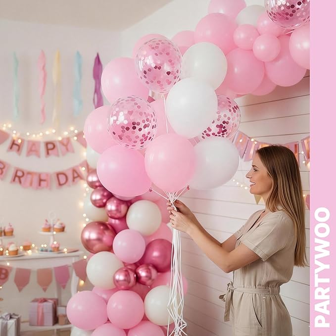 PartyWoo Baby Pink Balloon Arch Kit Garland 152pcs Different Sizes of 18 12 10 5 Inch White Light Pastel Pale Metallic Pink Confetti Balloons for Baby Shower Princess Birthday Party Decorations