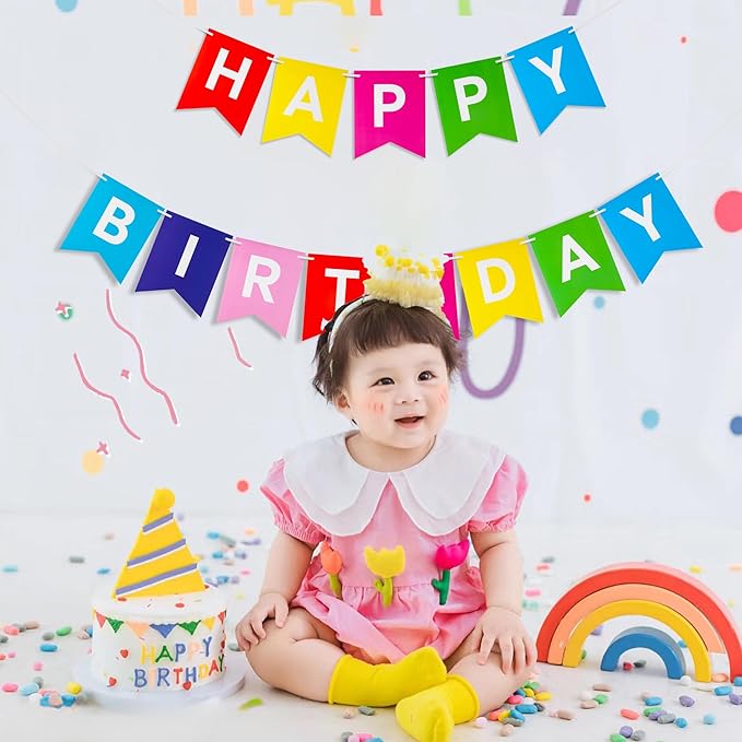 Rainbow Happy Birthday Banner - Hanging Backdrop Sign with White Letters, Bunting Rainbow Birthday Decorations for Women men Kids Baby Shower Party Supplies (13pcs)