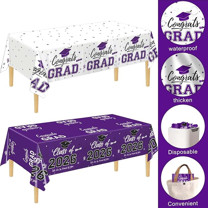Oigco 2026 Graduation Decorations, 2 Pack Purple Graduation Tablecloths Class of 2026, Congrats Grad Plastic Table Cloths for Graduation Party Decorations, 54 x 108 Inch