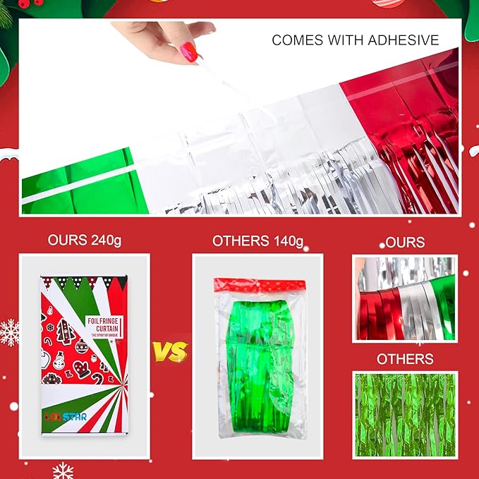 LOLStar 5 Pack Christmas Foil Fringe Curtains Decoration 3.3 X 6.6 ft Red Silver Green Tinsel Fringe Photo Backdrop Streamer for New Year, Ugly Sweater Party