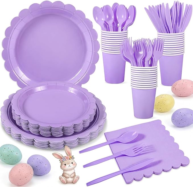 175 Pcs Lavender Paper Plates and Napkins, Light Purple Party Supplies Include Scalloped Easter Plates Napkin Cup Plastic Cutlery for Spring Garden Party, Baby Shower, Wedding