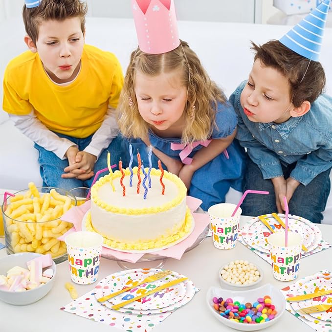 176PCS Happy Birthday Party Supplies, Happy Birthday Plates Serves 25, Includes Birthday Plates and Napkins, Cups,Yellow Cutlery and Happy Birthday Banner for Happy Birthday Party Decorations, 9inch