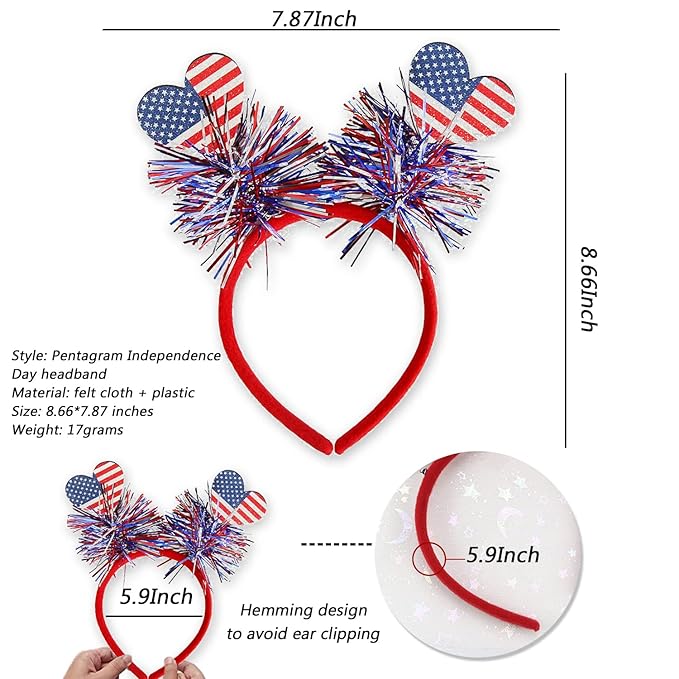 4th of July Headband Independence Day Hair Accessories Patriotic Party Hair Supplies American Flag Love Heart Design Blue Red Ribbon Hair Decoration Cute Hair Hoop for Women Girls Kids 1 Pcs