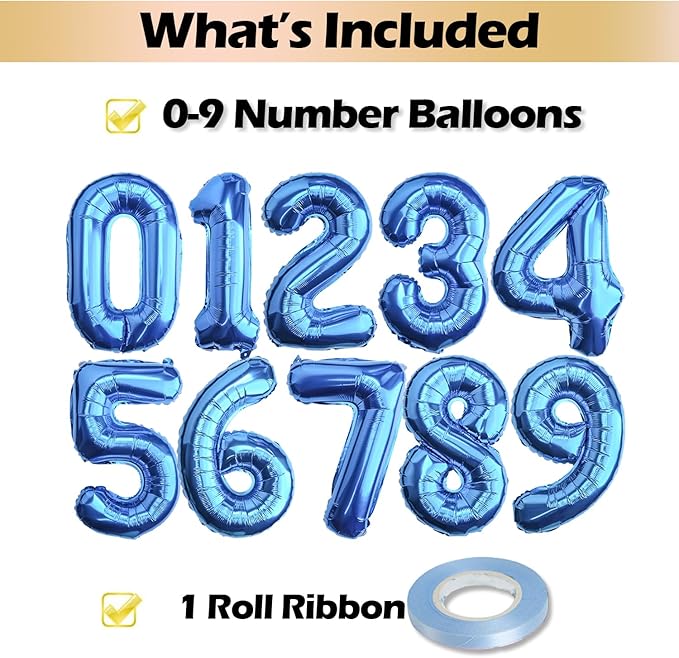 [10] 16" Number Blue Foil Balloons 0-9 set, Mylar Aluminum Hanging Numbers for Graduation Birthday Party Decorations Christmas New Year eve (10 Pcs)