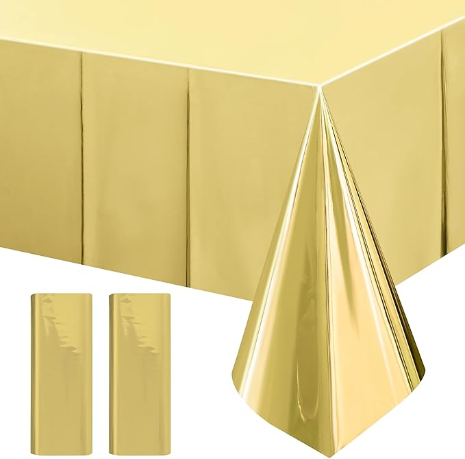 2pcs Champagne Gold Foil Tablecloth 54*72inch Plastic Wedding Birthday Party Table Cloths Light Gold Waterproof Disposable Table Cover for Christmas Grad Elegant Event Anniversary Party Supplies