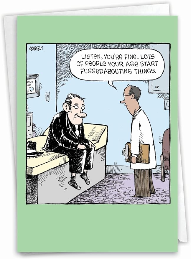 NobleWorks - 1 Humor Belated Birthday Card with Envelope - Funny Cartoons for Birthday Greetings, Celebration Notecard - Fuggedabouting Things C8828BEG