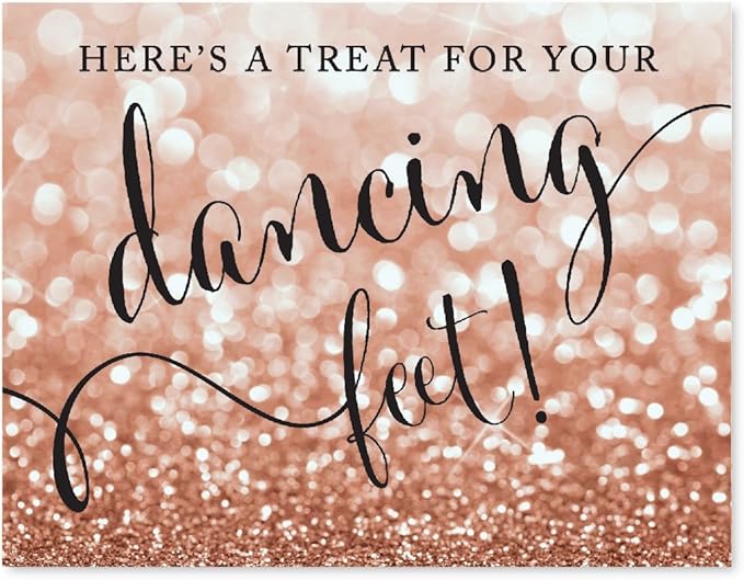 Andaz Press Wedding Party Signs, Glitzy Rose Gold Glitter, 8.5x11-inch, Here's a Treat for Your Dancing Feet! Flip Flop Sandals High Heels Shoes Dance Floor Reception Sign, 1-Pack, Bokeh