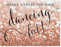 Andaz Press Wedding Party Signs, Glitzy Rose Gold Glitter, 8.5x11-inch, Here's a Treat for Your Dancing Feet! Flip Flop Sandals High Heels Shoes Dance Floor Reception Sign, 1-Pack, Bokeh