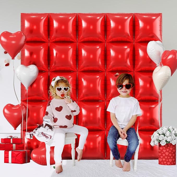 Red Square Foil Balloons Wall, 25PCS Double Sided Metallic Red Foil Balloons Backdrop Tunnel Arch Kit Background Decorations for Birthdays Wedding Bridal Baby Shower Valentines Anniversary Mother Day