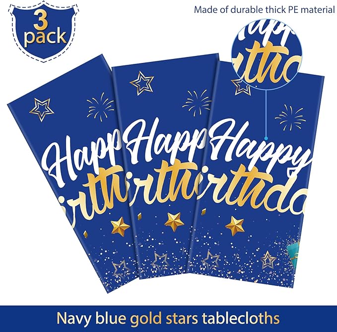 Tegeme Navy Blue Party Supplies Stars Happy Birthday Tablecloths Starry Confetti Table Covers for Kids Boys Girls Baby Shower Birthday Party Decorations(Navy Blue and Gold,3 Pack)
