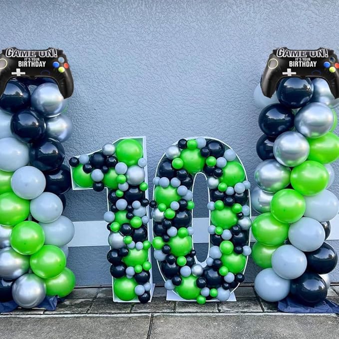 144Pcs Video Game Balloon Arch Garland Kit Green Black Silver Explosion Star Game Controller Mylar Balloons for Boys Kids Game On Level Favor Theme Birthday Party Decorations