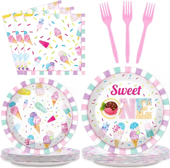 chiazllta 96Pcs Sweet One Ice Cream 1st Birthday Party Paper Plates and Napkins Supplies, Ice Cream Popsicle First Birthday Tableware Decorations for Party Favors 24 Guests
